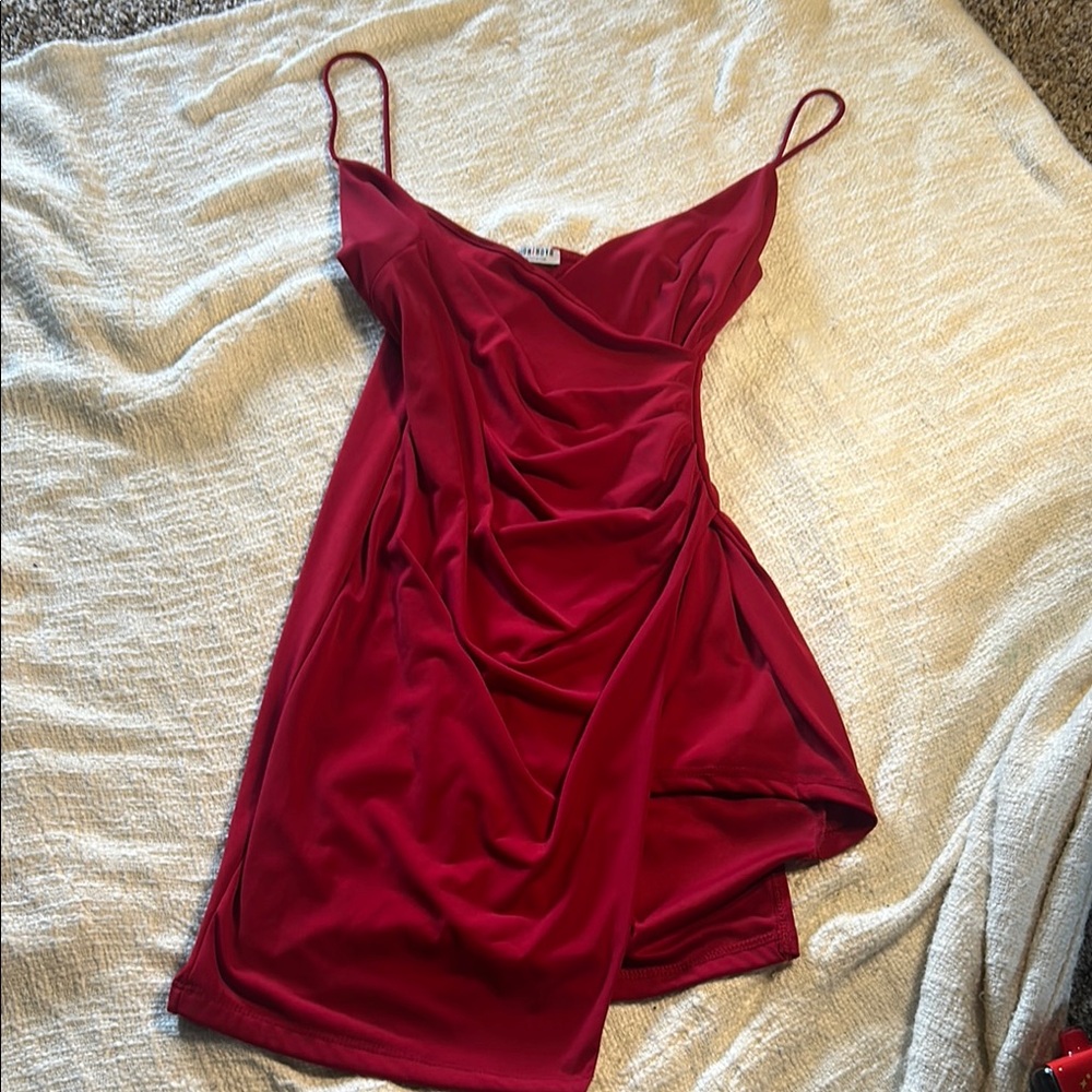 Fashion Nova Red Asymmetrical Ruched Slip Dress